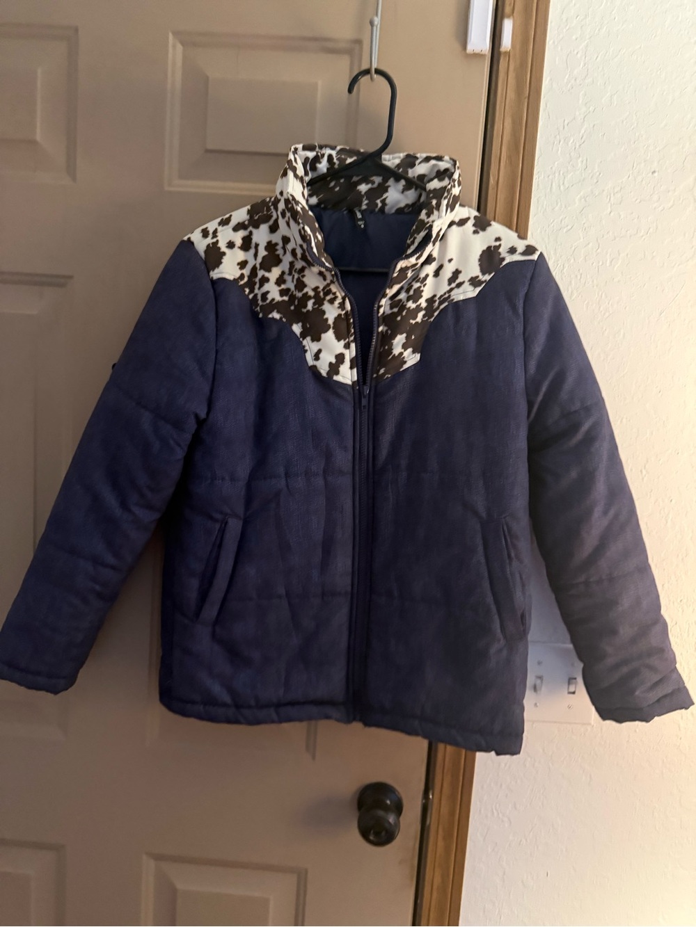 Women’s Navy Blue Puffer Jacket with Cow Print Yoke